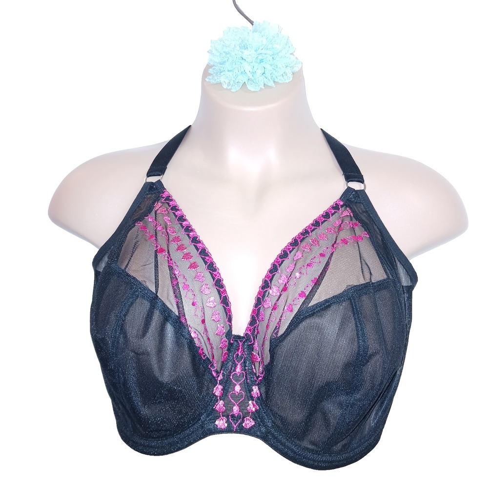Elomi Matilda J Hook Bra 40K Black Pink Hearts Sheer Mesh Valentine Sexy Novelty